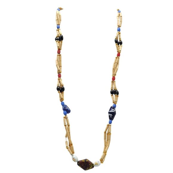 Handcrafted Multicolor Glass Bead Bamboo Necklace With Gold Accents - Picture 1 of 6